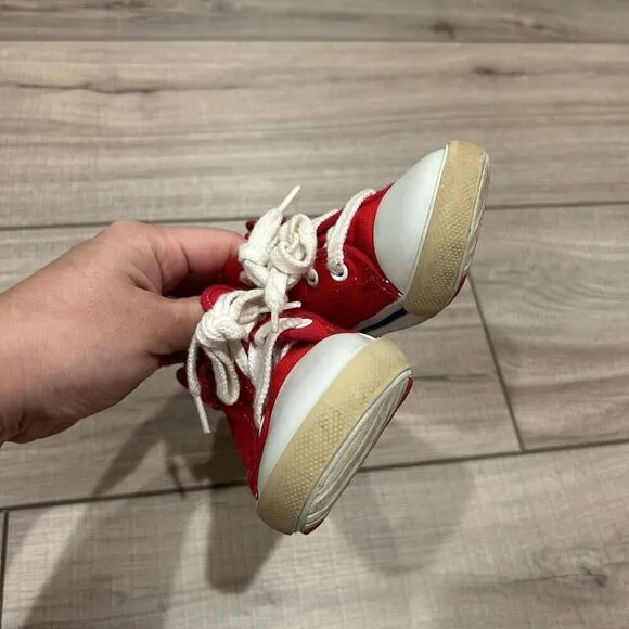 Miki House Second Shoes Red Canvas Logo Strap Sneakers Toddler Size 8 (14 cm)