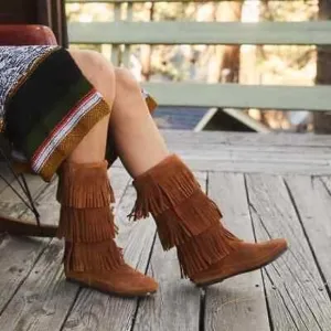 Minnetonka 3 Layer Fringe Boot Brown Suede