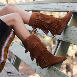 Minnetonka Brown 3 Layer Fringe Suede Boots Woman’s Size 8