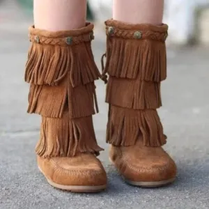 Minnetonka Youth 3 Brown Boots Leather 3 Layer Fringe Southwestern Cosplay