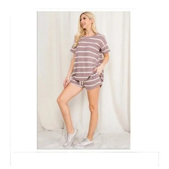 Mocha Short Sleeve Striped Top and Short Set  Sizes M-L-XL