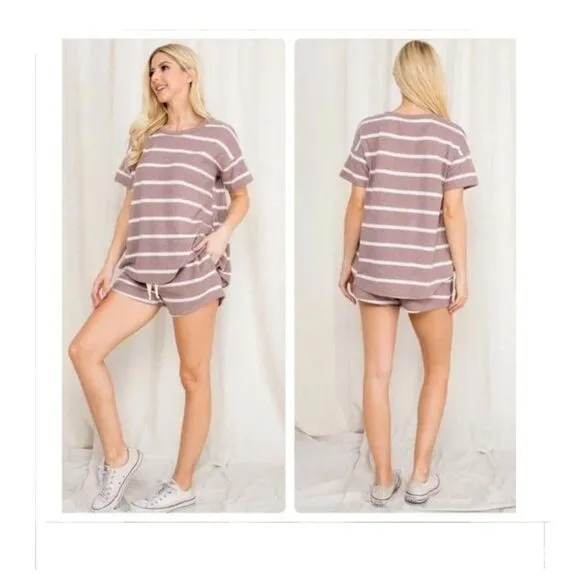 Mocha Short Sleeve Striped Top and Short Set  Sizes M-L-XL
