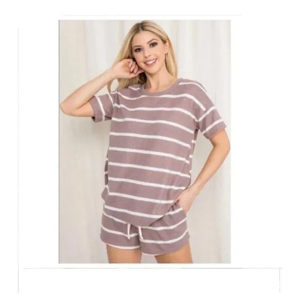 Mocha Short Sleeve Striped Top and Short Set  Sizes M-L-XL