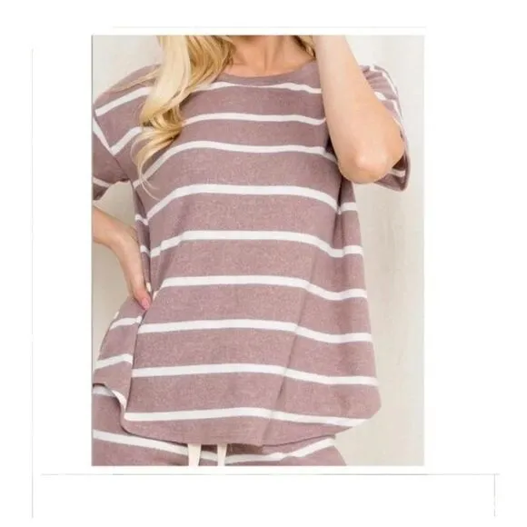 Mocha Short Sleeve Striped Top and Short Set  Sizes M-L-XL