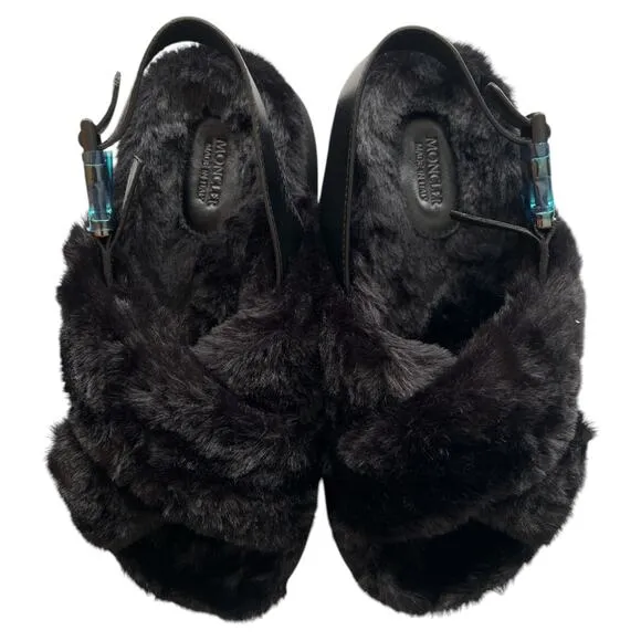 Moncler Solarisse Faux Fur Leather Slingback Sandals, IT40/US10 SRP: $695
