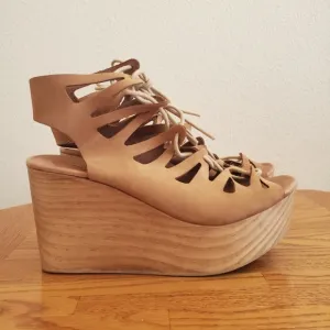 Musse &amp; Cloud Camel Color Leather Bohemian Lace Up Platform Sandals Women's 10