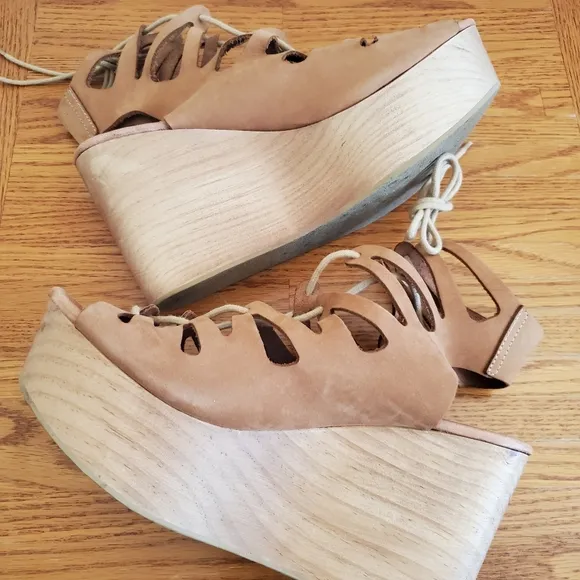 Musse &amp; Cloud Camel Color Leather Bohemian Lace Up Platform Sandals Women's 10