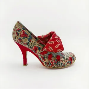 MUTINY IRREGULAR CHOICE BLUE WHITE FLORAL PRINT RED VELOUR HIGH HEELS