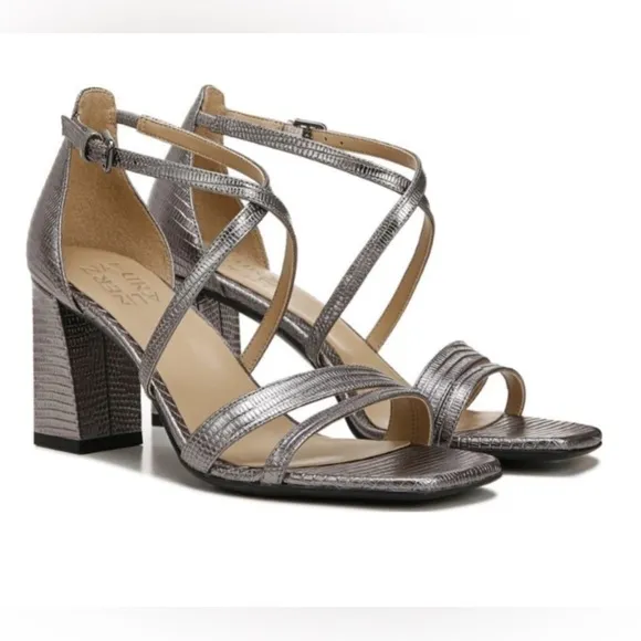 Naturalizer Women Tiff Leather Square Toe Heels Sandals Shoes Pewter 9.5