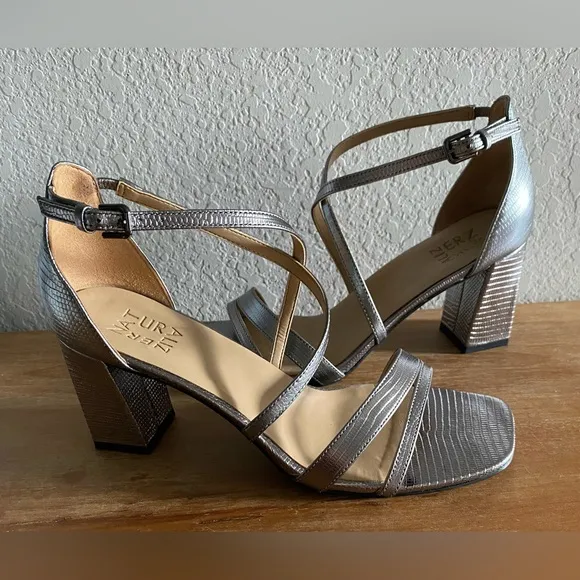 Naturalizer Women Tiff Leather Square Toe Heels Sandals Shoes Pewter 9.5
