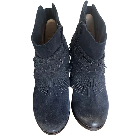 NAUGHTY MONKEY In Lyne Leather Suede Fringe Round Toe Ankle Boots Indigo Size 8