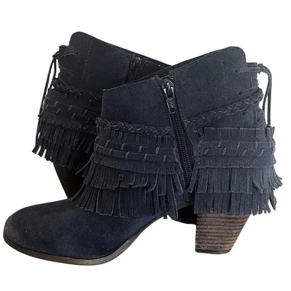NAUGHTY MONKEY In Lyne Leather Suede Fringe Round Toe Ankle Boots Indigo Size 8