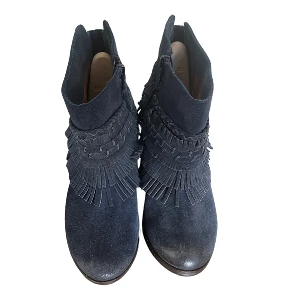 NAUGHTY MONKEY In Lyne Leather Suede Fringe Round Toe Ankle Boots Indigo Size 8