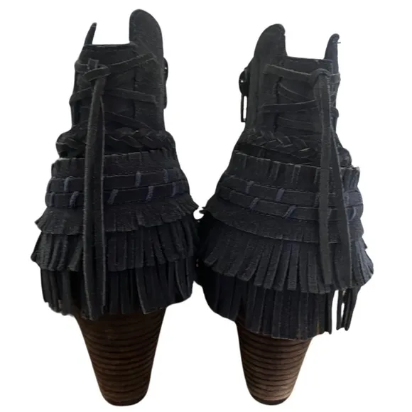 NAUGHTY MONKEY In Lyne Leather Suede Fringe Round Toe Ankle Boots Indigo Size 8