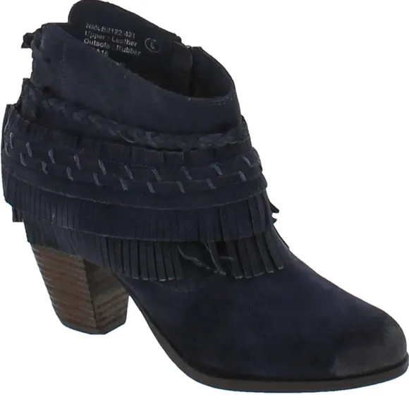 NAUGHTY MONKEY In Lyne Leather Suede Fringe Round Toe Ankle Boots Indigo Size 8
