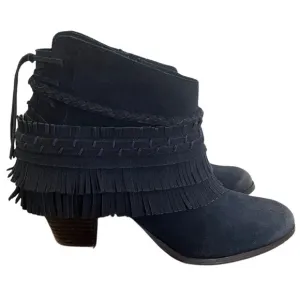 NAUGHTY MONKEY In Lyne Leather Suede Fringe Round Toe Ankle Boots Indigo Size 8