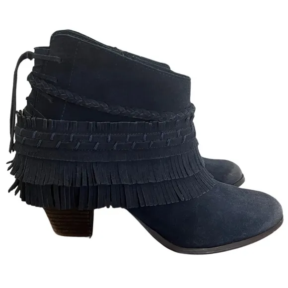 NAUGHTY MONKEY In Lyne Leather Suede Fringe Round Toe Ankle Boots Indigo Size 8
