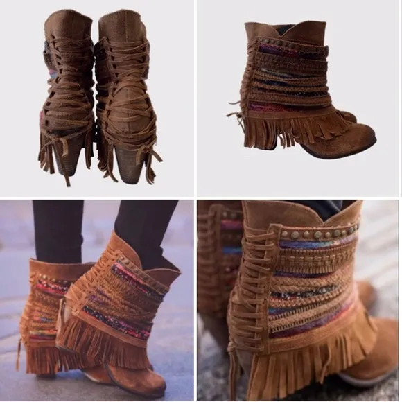 NAUGHTY MONKEY PONCHO BOOTS  NATIVE BOOTS BROWN SUEDE ANKLE BOOTIES SIZE 8.5