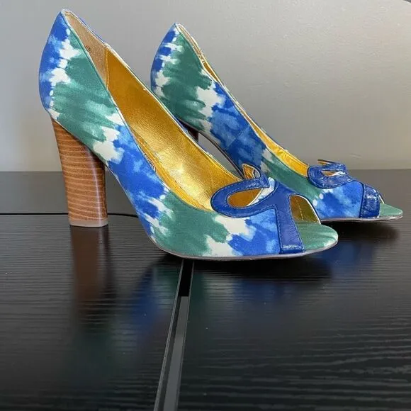 Naughty Monkey ‘Heart Felt’ Canvas Blue &amp; Green Watercolor Peep Toe Heel, 10