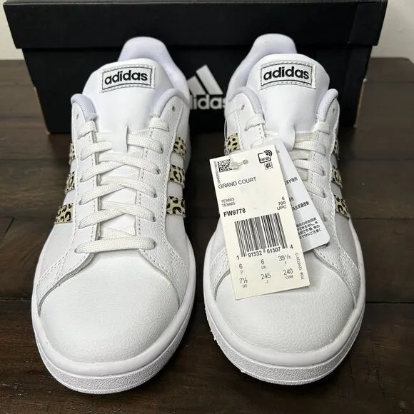 New Adidas Grand Court Sneakers Cheetah Leopard Print White Size 7.5 shoes