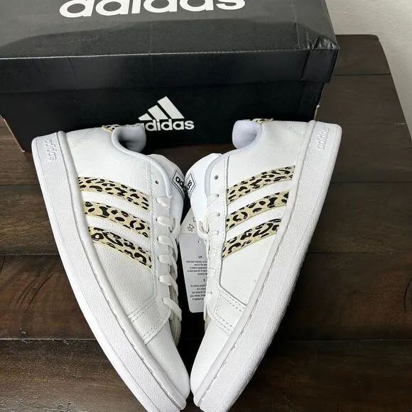 New Adidas Grand Court Sneakers Cheetah Leopard Print White Size 7.5 shoes