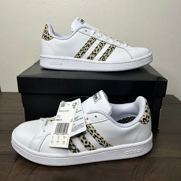 New Adidas Grand Court Sneakers Cheetah Leopard Print White Size 7.5 shoes