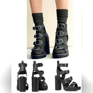 New Allsaints Osuna Sandals Leather Block Heel Lug Sole Buckles 40 9 Gladiator