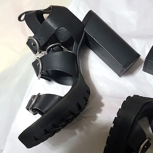 New Allsaints Osuna Sandals Leather Block Heel Lug Sole Buckles 40 9 Gladiator