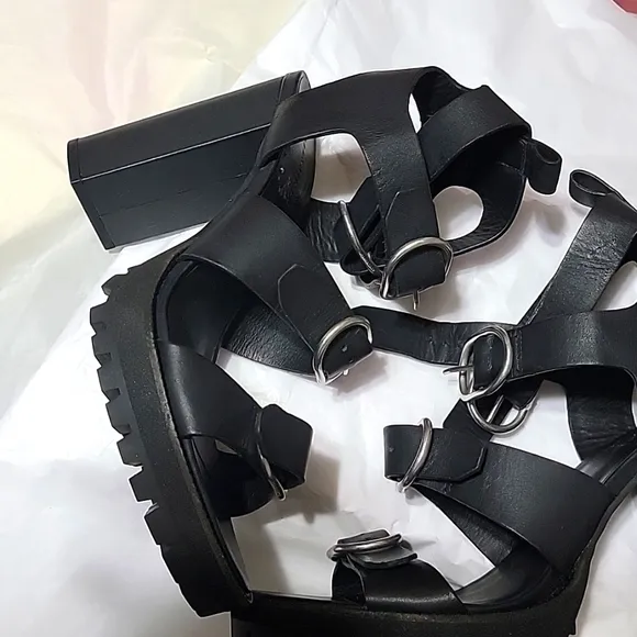 New Allsaints Osuna Sandals Leather Block Heel Lug Sole Buckles 40 9 Gladiator