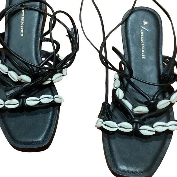 NEW Anthropologie Puka Black Leather Shell Sandals Ankle 8
