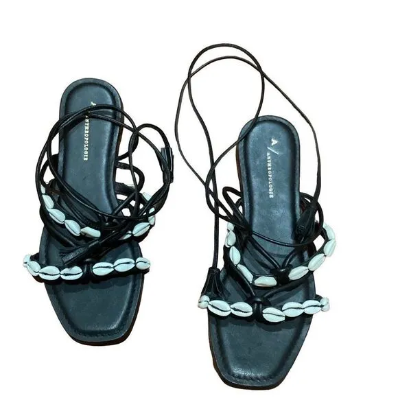 NEW Anthropologie Puka Black Leather Shell Sandals Ankle 8