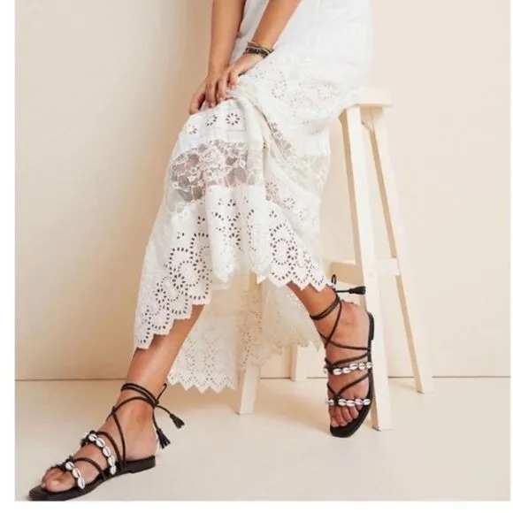 NEW Anthropologie Puka Black Leather Shell Sandals Ankle 8