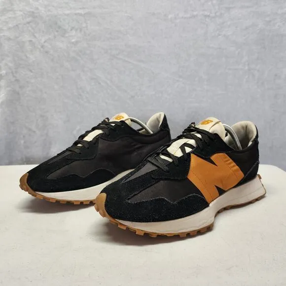 New Balance 327 Shoes Mens 10 Running Sneakers Black Gold Suede Nylon