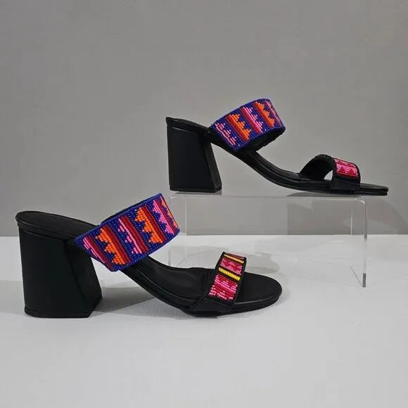 NEW Farm Rio Beaded Sandal Block Heel Slide Shoe Black Size 10