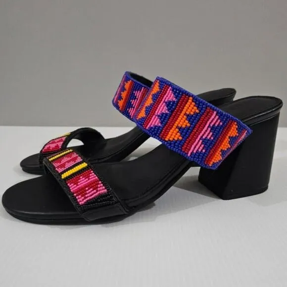 NEW Farm Rio Beaded Sandal Block Heel Slide Shoe Black Size 10
