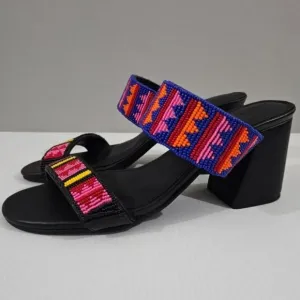 NEW Farm Rio Beaded Sandal Block Heel Slide Shoe Black Size 10