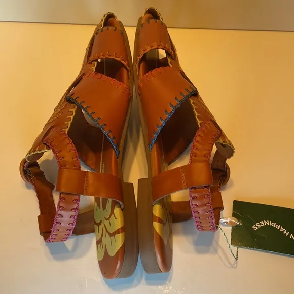 New Farm Rio Palm Trees Caramel Leather Sandals Size 10