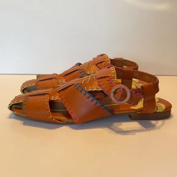 New Farm Rio Palm Trees Caramel Leather Sandals Size 10