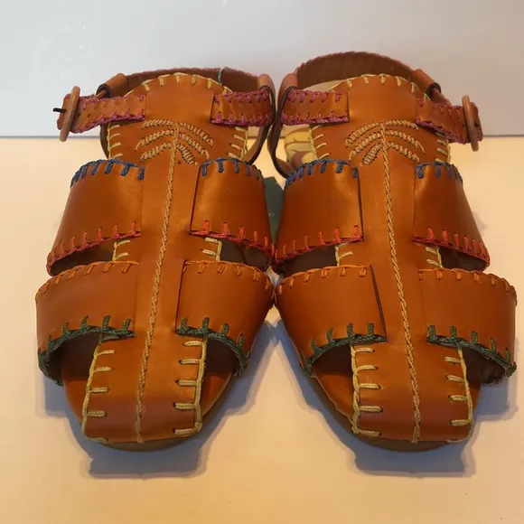 New Farm Rio Palm Trees Caramel Leather Sandals Size 10