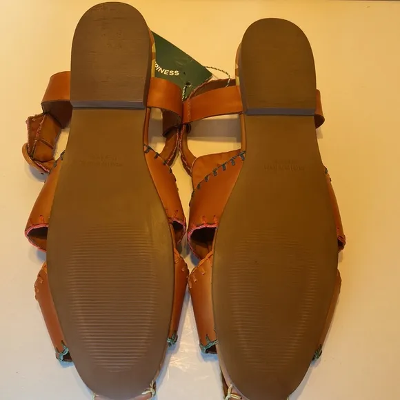 New Farm Rio Palm Trees Caramel Leather Sandals Size 10