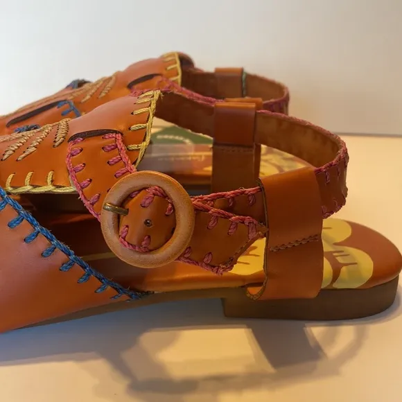 New Farm Rio Palm Trees Caramel Leather Sandals Size 10