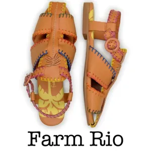 New Farm Rio Palm Trees Caramel Leather Sandals Size 10