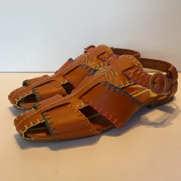 New Farm Rio Palm Trees Caramel Leather Sandals Size 10