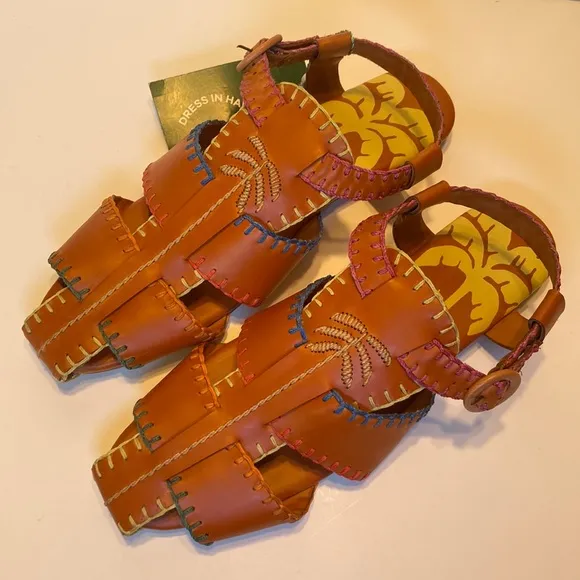 New Farm Rio Palm Trees Caramel Leather Sandals Size 10
