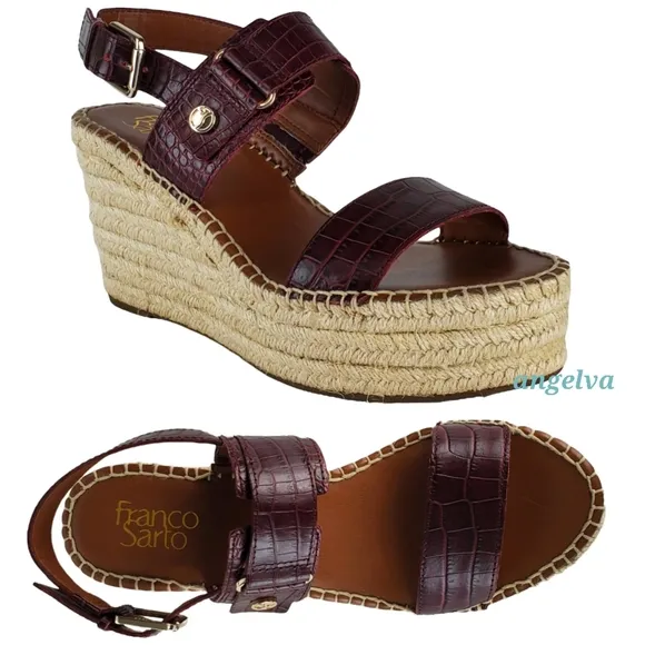 New Franco sarto tema leather croc embossed espadrille wedge sandals burgundy