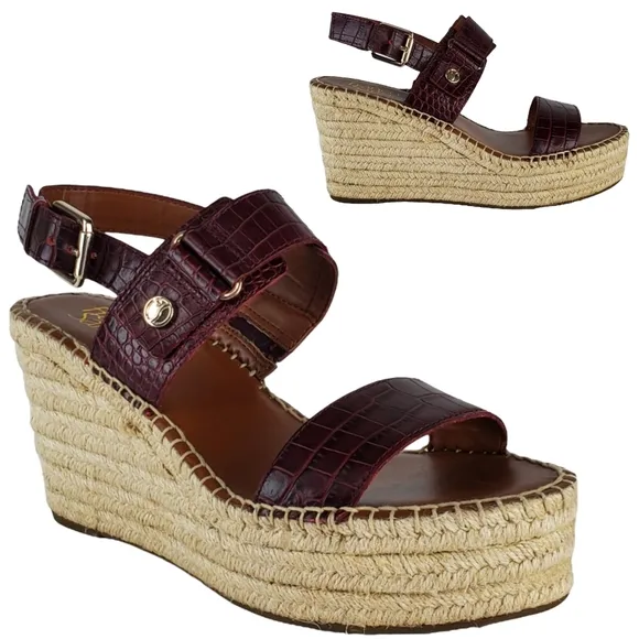 New Franco sarto tema leather croc embossed espadrille wedge sandals burgundy