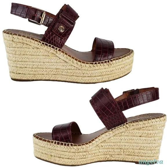 New Franco sarto tema leather croc embossed espadrille wedge sandals burgundy
