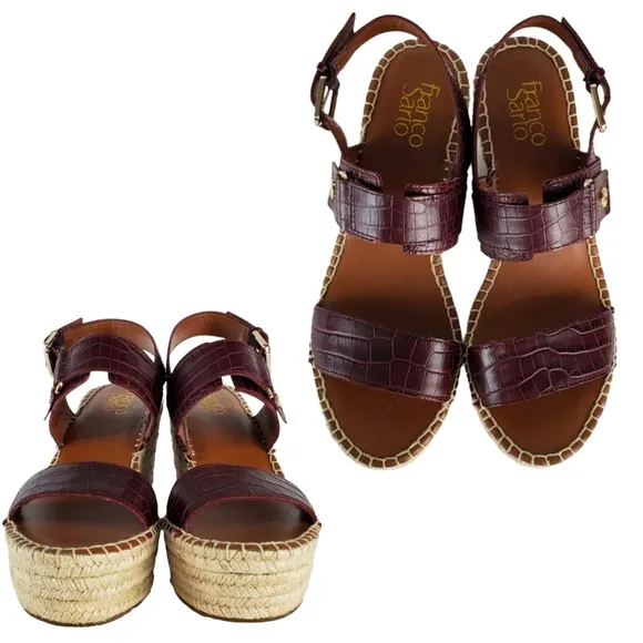 New Franco sarto tema leather croc embossed espadrille wedge sandals burgundy