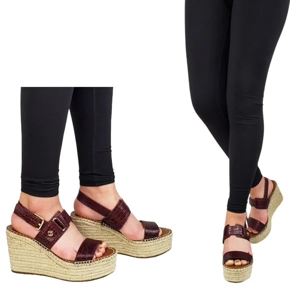 New Franco sarto tema leather croc embossed espadrille wedge sandals burgundy