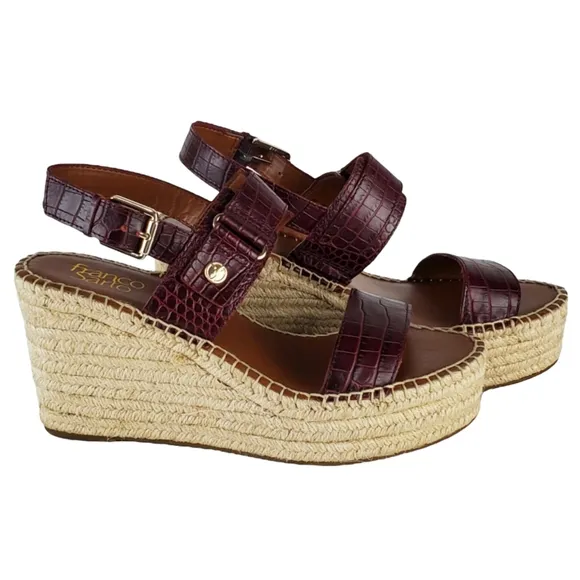 New Franco sarto tema leather croc embossed espadrille wedge sandals burgundy